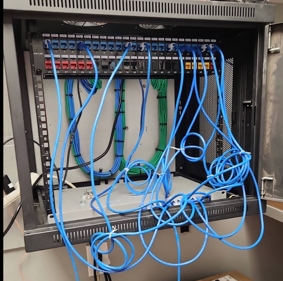 Unorganized network cabling before cleanup